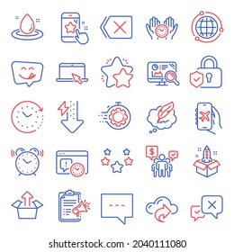 Technology Icons Set. Included Icon As Security Lock, Energy Drops, Star Rating Signs. Project Deadline, Copyright Chat, Safe Time Symbols. Star, Yummy Smile, Flight Mode. Reject, Stars. Vector