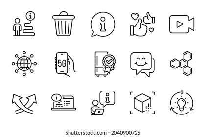 Technology icons set. Included icon as Smile face, 5g internet, Certified refrigerator signs. Augmented reality, Idea, International globe symbols. Chemical formula, Online documentation. Vector