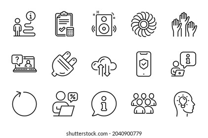 Technology icons set. Included icon as Idea head, Accounting checklist, Fan engine signs. Online discounts, Cloud sync, Phone protection symbols. Speakers, Faq, Loop. Group, Voting hands. Vector