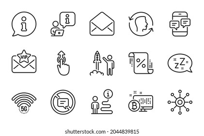 Technology icons set. Included icon as Face id, 5g wifi, Mail signs. Vip mail, Stop talking, Swipe up symbols. Launch project, Multichannel, Bitcoin system. Phone messages, Sleep. Vector