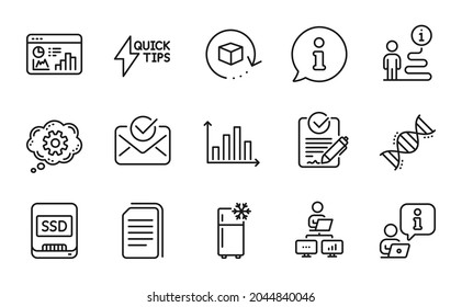 Technology Icons Set. Included Icon As Return Package, Chemistry Dna, Ssd Signs. Approved Mail, Work Home, Quickstart Guide Symbols. Rfp, Seo Statistics, Diagram Graph. Copy Files. Vector