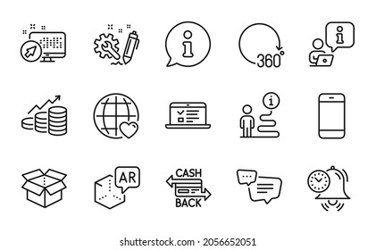 Technology icons set. Included icon as Cashback card, 360 degrees, International love signs. Smartphone, Augmented reality, Growth chart symbols. Engineering, Text message, Time management. Vector