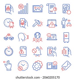 Technology icons set. Included icon as Online documentation, Delivery app, 5g wifi signs. Mute sound, Touchscreen gesture, Online question symbols. Report, Parcel shipping, E-mail. Face id. Vector