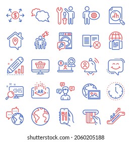 Technology icons set. Included icon as Restaurant app, Augmented reality, Dollar exchange signs. User notification, Time, Search symbols. World planet, Web photo, Edit statistics. Cogwheel. Vector