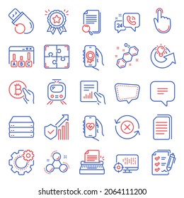 Technology icons set. Included icon as Search file, Hand click, Chemistry molecule signs. Cogwheel, Copy files, Loyalty award symbols. 24h service, Flash memory, Health app. Servers, Train. Vector