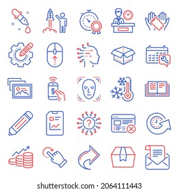 Technology Icons Set. Included Icon As Growth Chart, Phone Payment, Reject Web Signs. Smartphone Holding, Question Mark, Package Box Symbols. Education, Update Time, Freezing. Swipe Up. Vector