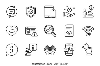 Technology icons set. Included icon as Mobile devices, Freezing, Approved shield signs. Touchscreen gesture, Update comments, Smile chat symbols. 5g wifi, Employee hand, Phone survey. Vector