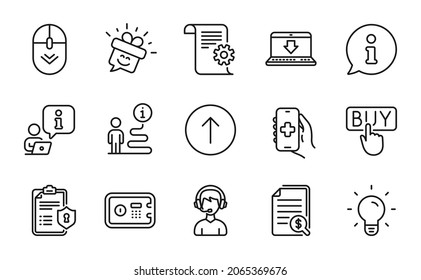 Conjunto de iconos de tecnología. Icono incluido como política de privacidad, deslizar, carteles de descarga de Internet. Desplazarse hacia abajo, documentos financieros, símbolos de documentación técnica. Consultor, aplicación de salud. Vector