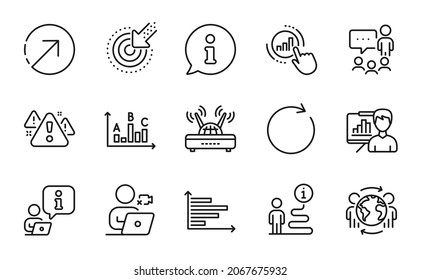 Technology Icons Set. Included Icon As Graph Chart, Video Conference, Wifi Signs. People Chatting, Synchronize, Direction Symbols. Survey Results, Global Business, Warning. Targeting. Vector