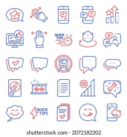 Technology icons set. Included icon as Document, Handout, Augmented reality signs. 5g wifi, Support chat, Yummy smile symbols. Metro subway, Ranking stars, Touchscreen gesture. Message. Vector