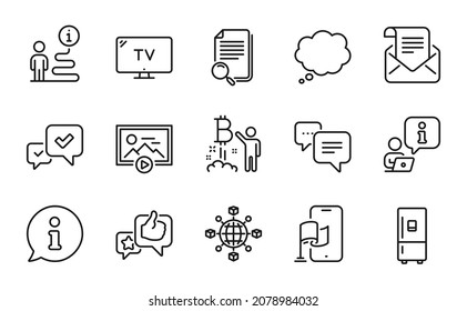 Technology icons set. Included icon as Approve, Logistics network, Bitcoin project signs. Search file, Dots message, Refrigerator symbols. Start presentation, Tv, Mail newsletter. Like. Vector