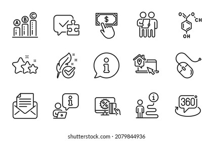 Technology icons set. Included icon as Hypoallergenic tested, Puzzle, Computer mouse signs. Work home, Chemical formula, Graph chart symbols. Survey, Mail correspondence, Payment click. Vector