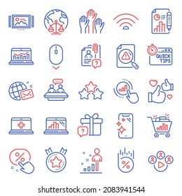Technology icons set. Included icon as Smartphone clean, Wifi, Employees talk signs. Video conference, Image carousel, Web analytics symbols. Ranking stars, World mail, Search employee. Vector