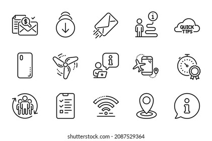 Technology icons set. Included icon as Smartphone cover, Flights application, Wind energy signs. Quick tips, Wifi, Location symbols. Best result, Accounting report, Interview. Scroll down. Vector