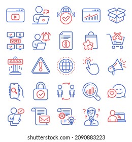 Technology icons set. Included icon as Website statistics, Online education, Video content signs. Globe, Megaphone, Attraction symbols. Dating, Customer survey, Support consultant. Warning. Vector
