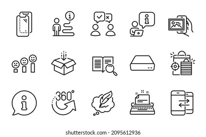 Technology Icons Set. Included Icon As Copyright Chat, Mini Pc, Customer Satisfaction Signs. Smartphone Glass, Typewriter, Image Album Symbols. Phone Communication, People Voting, Get Box. Vector