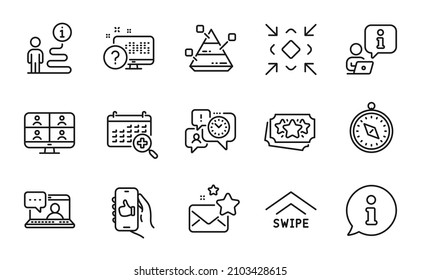 Technology Icons Set. Included Icon As Travel Compass, Medical Calendar, Online Quiz Signs. Pyramid Chart, Minimize, Like App Symbols. Friends Chat, Favorite Mail, Time Management. Vector