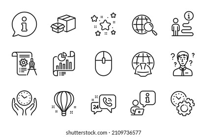 Technology icons set. Included icon as Safe time, 24h service, Packing boxes signs. Report document, Air balloon, Global engineering symbols. Stars, Divider document, Computer mouse. Vector