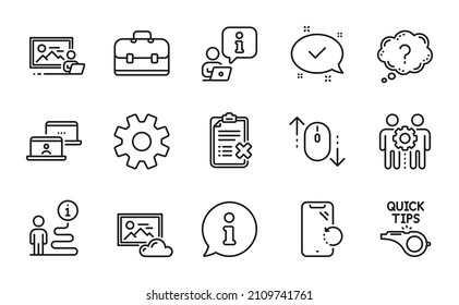 Technology icons set. Included icon as Service, Approved, Employees teamwork signs. Reject checklist, Question mark, Portfolio symbols. Outsource work, Smartphone recovery, Scroll down. Vector