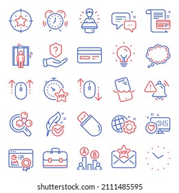 Technology icons set. Included icon as Vip timer, Credit card, Seo gear signs. Hypoallergenic tested, Swipe up, Portfolio symbols. Time, Attention bell, Comic message. Employees messenger. Vector