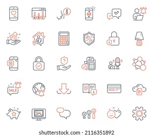 Conjunto de iconos de tecnología. Icono incluido como escudo de protección, notificación de Internet y elementos web de Spanner. Servicio, contabilidad de facturas, iconos de satisfacción del cliente. Campaña de promoción. Vector