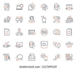 Technology icons set. Included icon as Dermatologically tested, Touchscreen gesture and Computer cables web elements. Repair, Lock, Fake news icons. Update document, 3d app. Vector