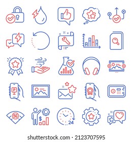 Technology icons set. Included icon as Ranking star, Correct way, Headphones signs. Ranking stars, Settings gear, Like symbols. Recovery data, Diagram graph, Safe box. Chemistry lab, Heart. Vector