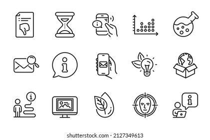 Technology Icons Set. Included Icon As Time, Face Detect, Thumb Down Signs. Mail App, Call Center, Chemistry Lab Symbols. Dot Plot, Eco Energy, Search Mail. Organic Product Line Icons. Vector