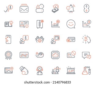 Technology icons set. Included icon as Insurance medal, Tickets and Card web elements. Comment, Cloud computing, Technical algorithm icons. Bitcoin think, Support, Mail web signs. Vector