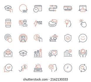 Technology icons set. Included icon as Star, Touchpoint and Hold box web elements. Pie chart, Repairman, Search icons. 360 degrees, Open box, Bitcoin pay web signs. Smile chat. Vector