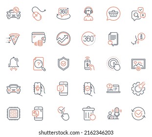 Technology icons set. Included icon as Search document, Cpu processor and Audit web elements. Approved shield, Approved, 360 degree icons. Recovery trash, Phone payment, Wallet web signs. Vector