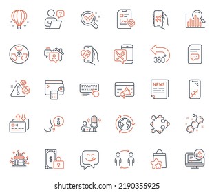 Technology Icons Set. Included Icon As Outsourcing, Flight Mode And Report Checklist Web Elements. Fake News, Search, Work Home Icons. Yummy Smile, Smartphone Broken, Food App Web Signs. Vector