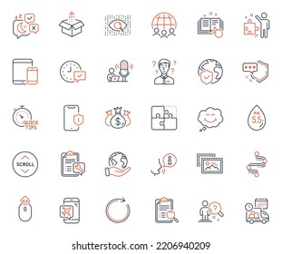 Technology icons set. Included icon as Save planet, Mobile devices and Puzzle web elements. Sleep, Flight mode, Spanner icons. Photo album, Synchronize, Technical documentation web signs. Vector