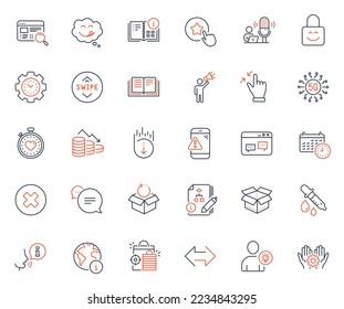 Technology icons set. Included icon as Website search, Calendar and Education web elements. User idea, Browser window, Yummy smile icons. Time management, Algorithm, Open box web signs. Vector