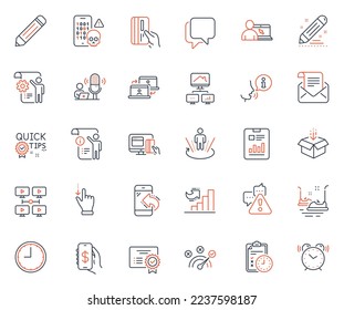 Technology icons set. Included icon as Augmented reality, Touchscreen gesture and Correct answer web elements. Online payment, Certificate, Pencil icons. Report document, Money app. Vector