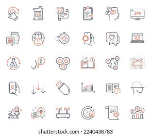 Technology icons set. Included icon as Video conference, Metro map and Approved checklist web elements. Timer, Covid app, Technical documentation icons. Wifi, Messages. Vector