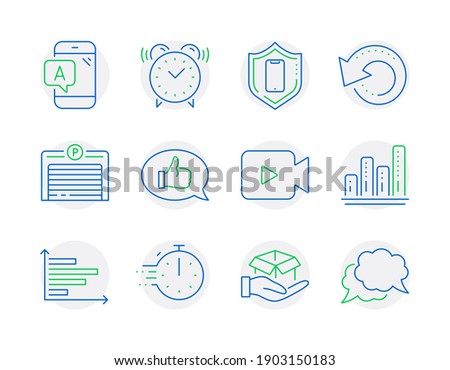 Technology icons set. Included icon as Graph chart, Recovery data, Feedback signs. Smartphone protection, Horizontal chart, Video camera symbols. Parking garage, Ab testing, Hold box. Vector