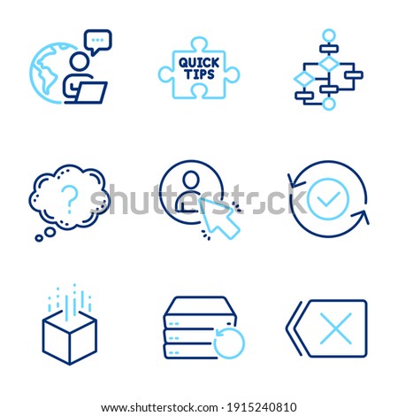 Technology icons set. Included icon as Augmented reality, Recovery server, Remove signs. User, Question mark, Security confirmed symbols. Block diagram, Quick tips line icons. Line icons set. Vector