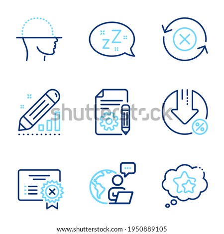 Technology icons set. Included icon as Reject refresh, Sleep, Face scanning signs. Loan percent, Documentation, Reject certificate symbols. Ranking stars, Edit statistics line icons. Vector