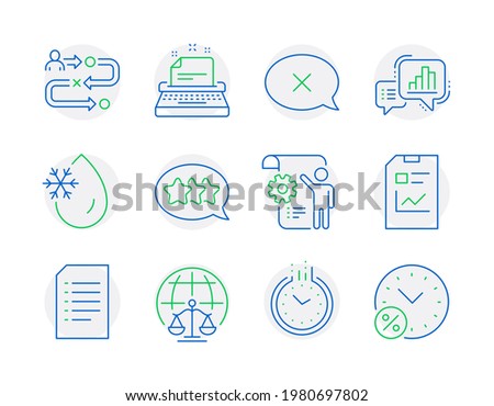 Technology icons set. Included icon as Magistrates court, Freezing water, Settings blueprint signs. Graph chart, Document, Stars symbols. Typewriter, Report document, Time. Reject. Vector