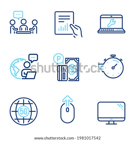 Technology icons set. Included icon as Swipe up, Parking payment, Laptop repair signs. Timer, 5g internet, Document symbols. People chatting, Computer line icons. Scrolling page, Paid garage. Vector