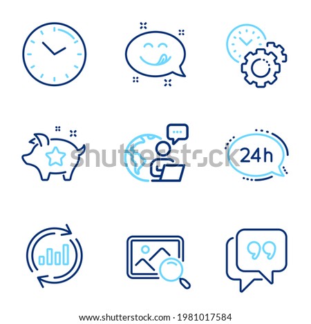 Technology icons set. Included icon as Time management, Yummy smile, Time signs. Search photo, Quote bubble, 24h service symbols. Update data, Loyalty points line icons. Settings, Emoticon. Vector