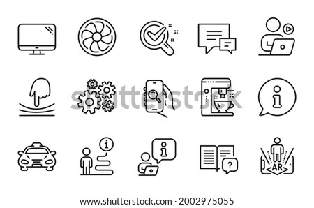 Technology icons set. Included icon as Comment, Instruction manual, Elastic signs. Cogwheel, Fan engine, Augmented reality symbols. Coffee maker, Computer, Video conference. Chemistry lab. Vector