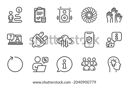 Technology icons set. Included icon as Idea head, Accounting checklist, Fan engine signs. Online discounts, Cloud sync, Phone protection symbols. Speakers, Faq, Loop. Group, Voting hands. Vector