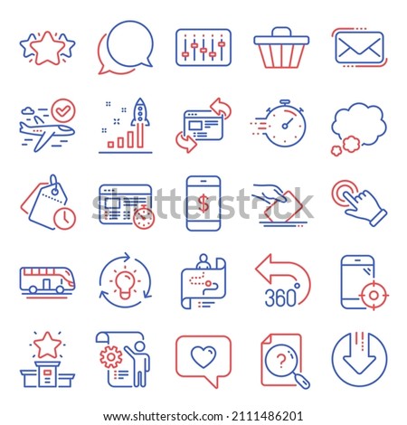 Technology icons set. Included icon as Touchscreen gesture, Timer, Search document signs. Settings blueprint, Bus tour, Talk bubble symbols. 360 degrees, Dj controller, Web timer. Star. Vector