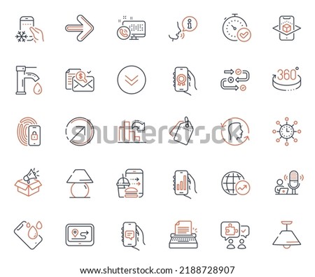 Technology icons set. Included icon as Analysis app, Chat app and Smartphone waterproof web elements. Tap water, Face id, Decreasing graph icons. Lock, Next, Augmented reality web signs. Vector