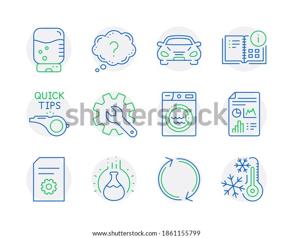 Technology icons set. Included icon as Instruction\
info, Refresh, Chemistry experiment signs. Question mark,\
Customisation, Water cooler symbols. Laundry, File settings,\
Tutorials. Car.\
Vector
