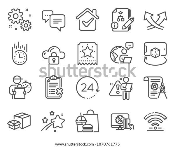 Technology icons set. Included icon as Cloud\
protection, Algorithm, 24 hours signs. Reject checklist, Dots\
message, Fast delivery symbols. Loyalty ticket, Divider document,\
Work. Wifi. Vector