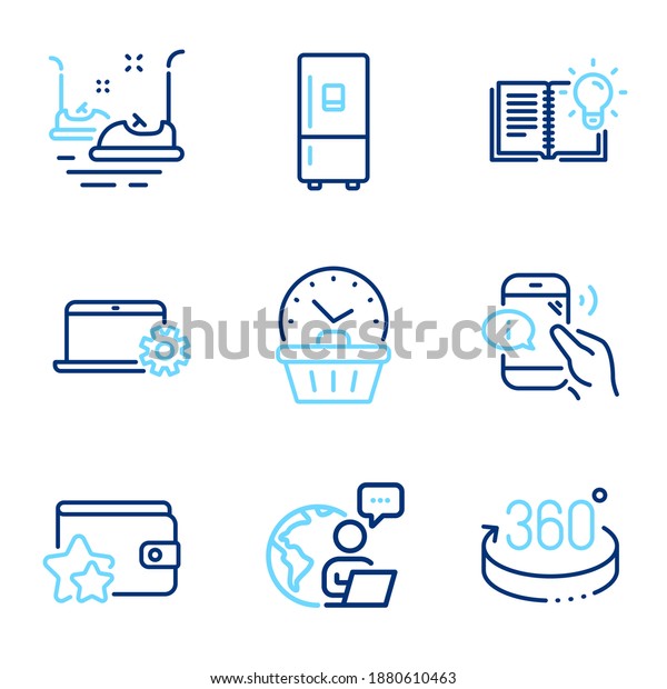 Technology icons set. Included icon as Last\
minute, Notebook service, 360 degrees signs. Call center,\
Refrigerator, Bumper cars symbols. Product knowledge, Loyalty\
program line icons.\
Vector