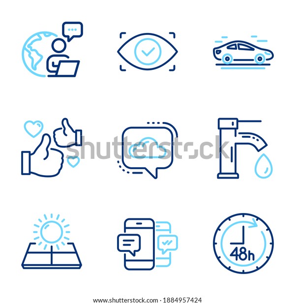 Technology icons set. Included icon as 48 hours,\
Car, Cloud communication signs. Biometric eye, Smartphone sms, Tap\
water symbols. Like, Sun energy line icons. Delivery service,\
Transport. Vector